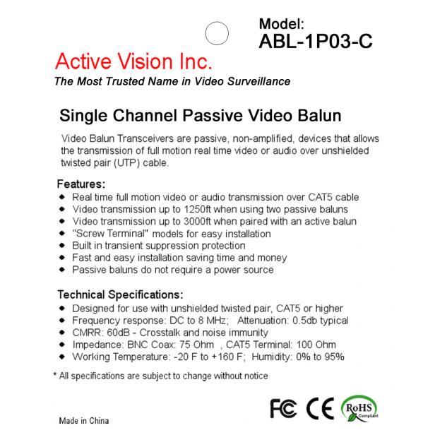 ABL-1P03-C-5pk, ABL-1P03-C, Single Port Passive Video Balun, 5 Packs (10 pieces)