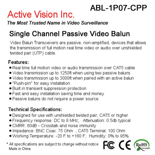 ABL-1P07-CPP-5pk, Single Port Passive Push-pin Video Balun, 5 Packs (10 Pieces)