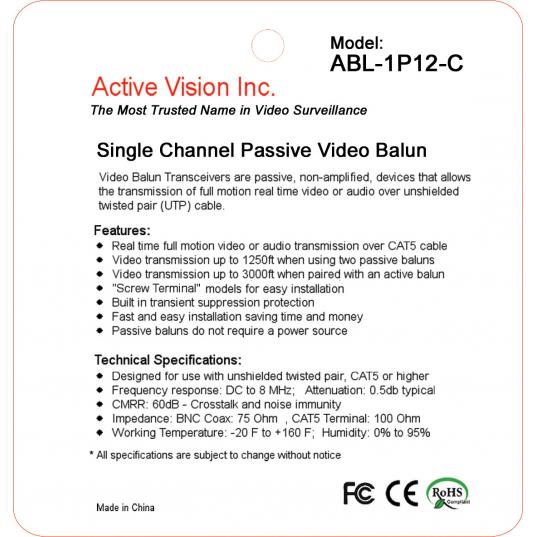 ABL-1P12-C-5pk, Single Port Tool-Less Passive Video Balun, 5 Packs (10 Pieces)